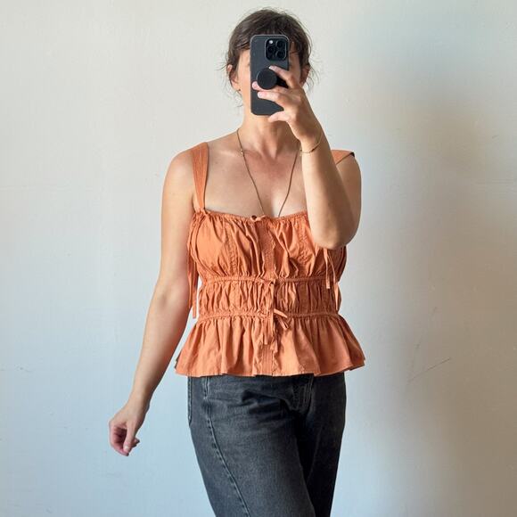 ULLA JOHNSON Lulu Cropped Ruched Tie Tank in Clay - Picture 1 of 5